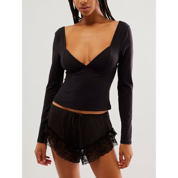 Free People Tops - Free People Black Long Sleeve V-Neck Blouse Duo Corset Top NEW!